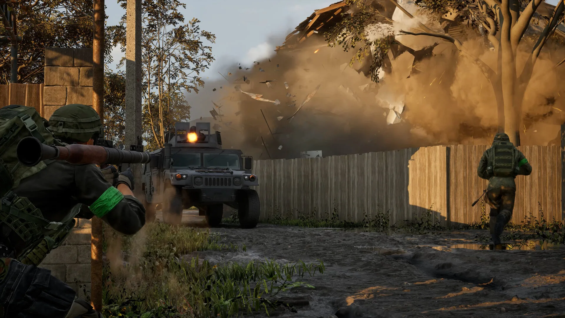 An explosion tears through a wooden structure beside soldiers in WARDOGS.